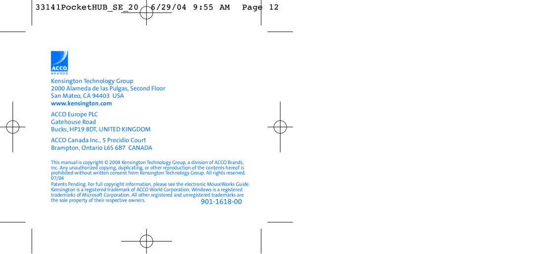 Kensington SE 2.0 user manual 901-1618-00 