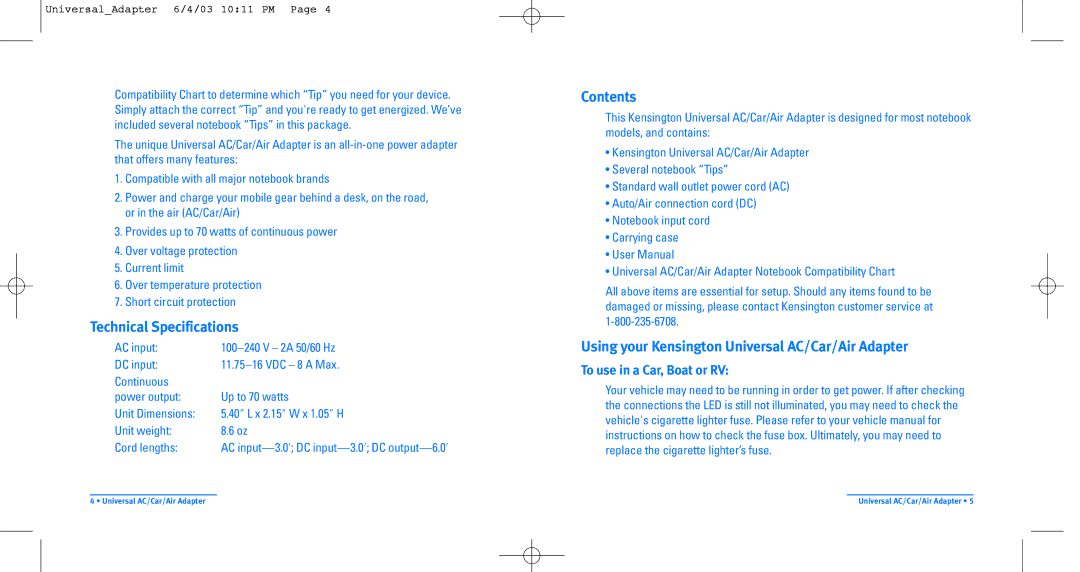 Kensington Universal AC/Car/Air Adapter user manual Technical Specifications, Contents 