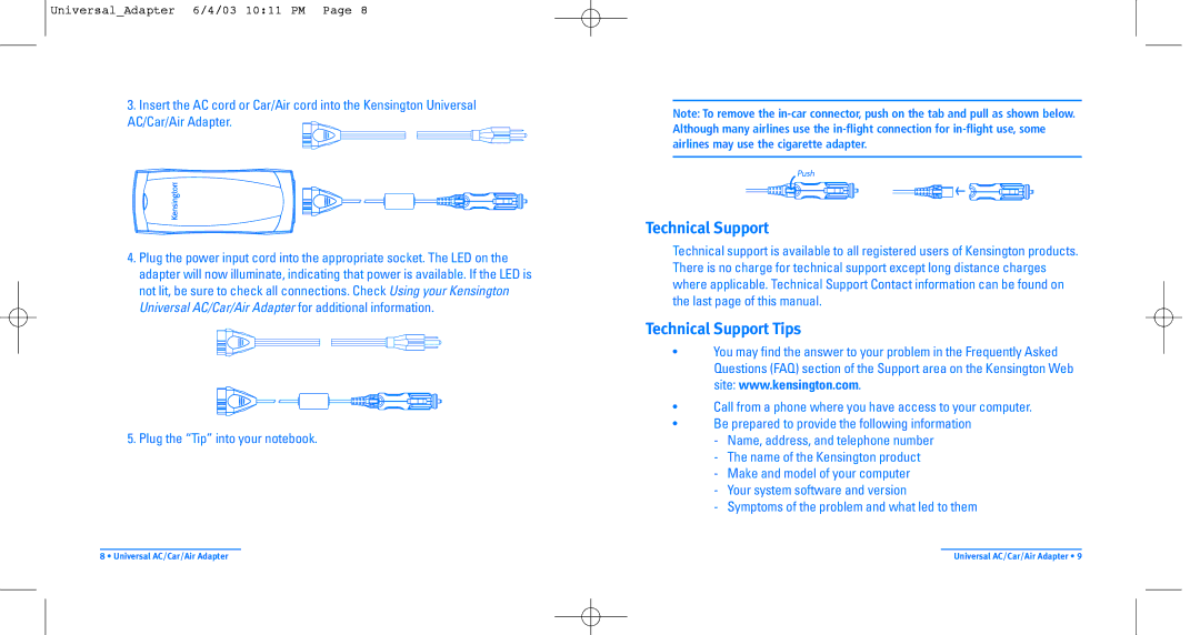 Kensington Universal AC/Car/Air Adapter user manual Technical Support Tips 