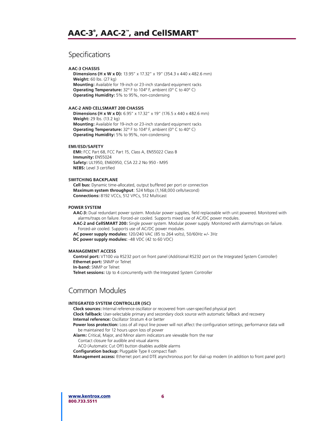 Kentrox AAC-3, CELLSMART, AAC-2TM manual Speciﬁcations, Common Modules 