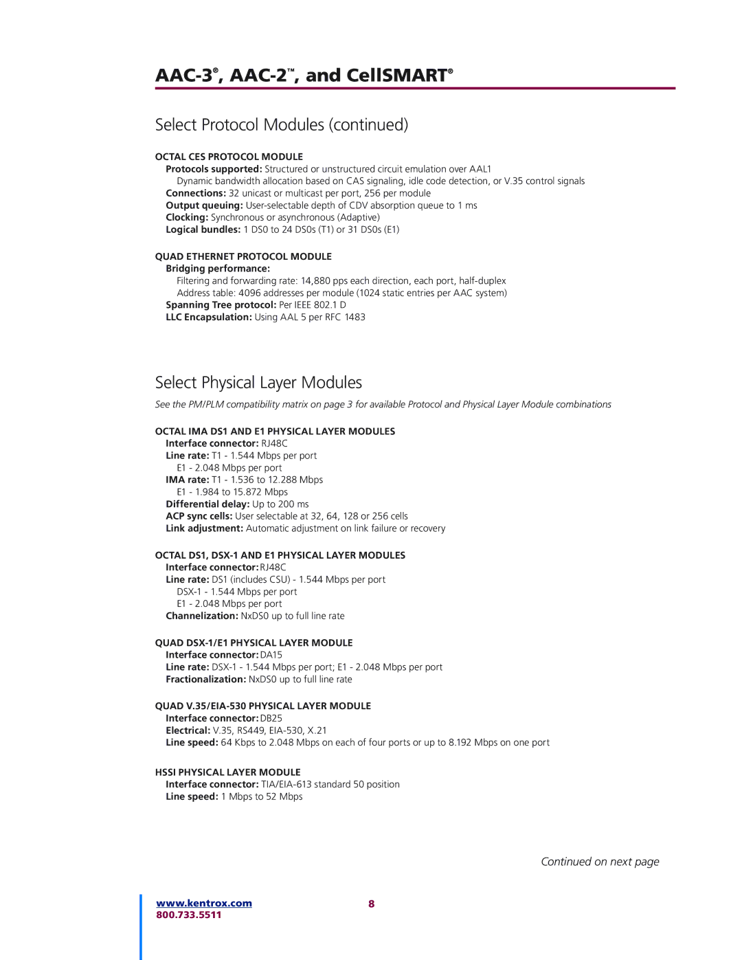 Kentrox AAC-2TM, AAC-3, CELLSMART manual Select Physical Layer Modules 