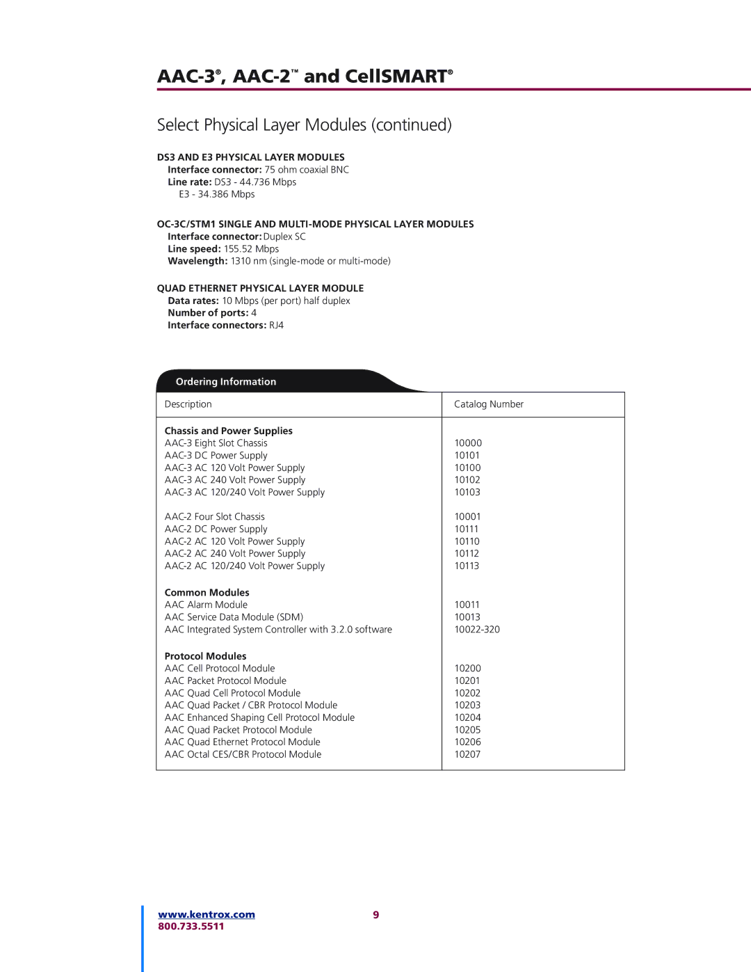 Kentrox AAC-3, CELLSMART manual DS3 and E3 Physical Layer Modules, OC-3C/STM1 Single and MULTI-MODE Physical Layer Modules 