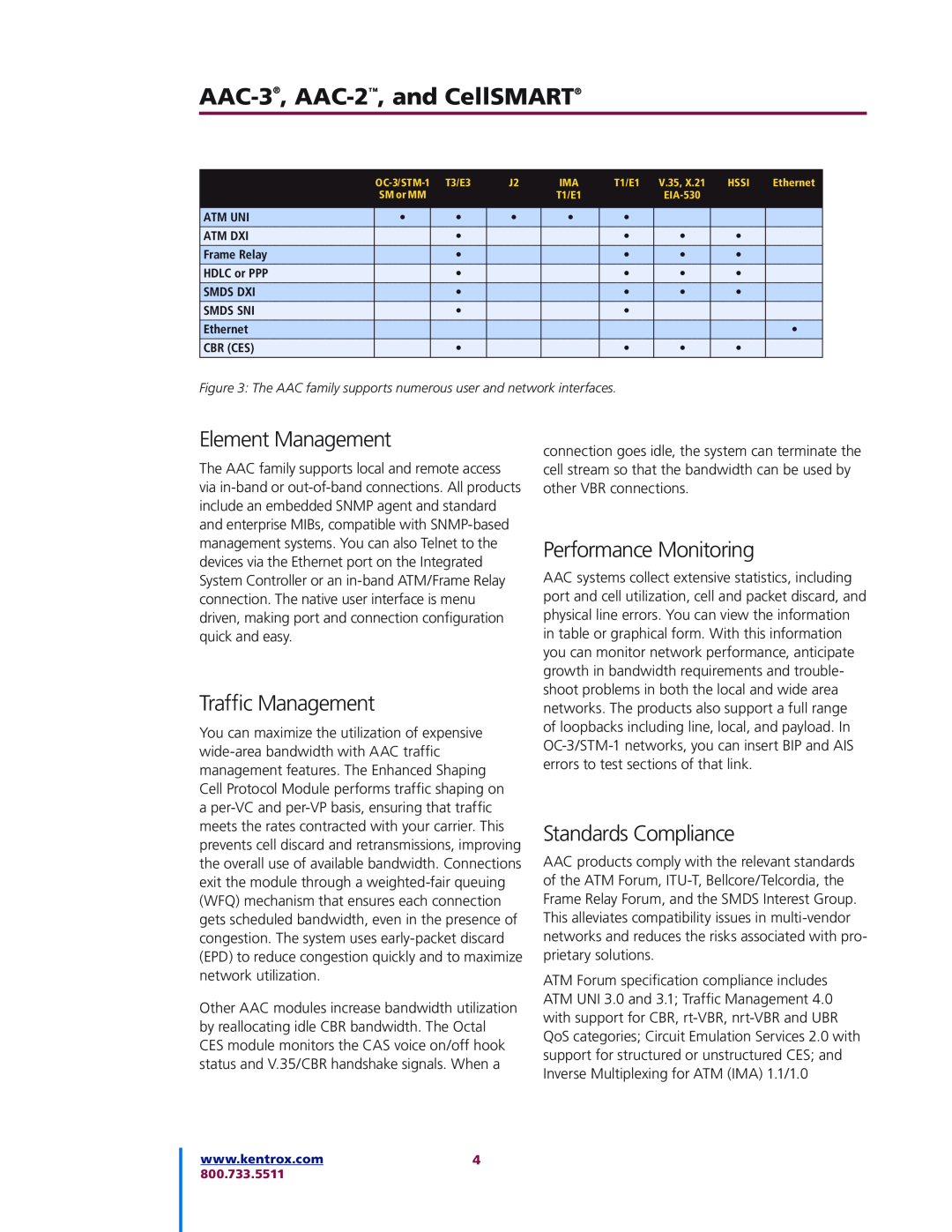 Kentrox CELLSMART, AAC-3, AAC-2TM manual Element Management, Trafﬁc Management, Performance Monitoring, Standards Compliance 