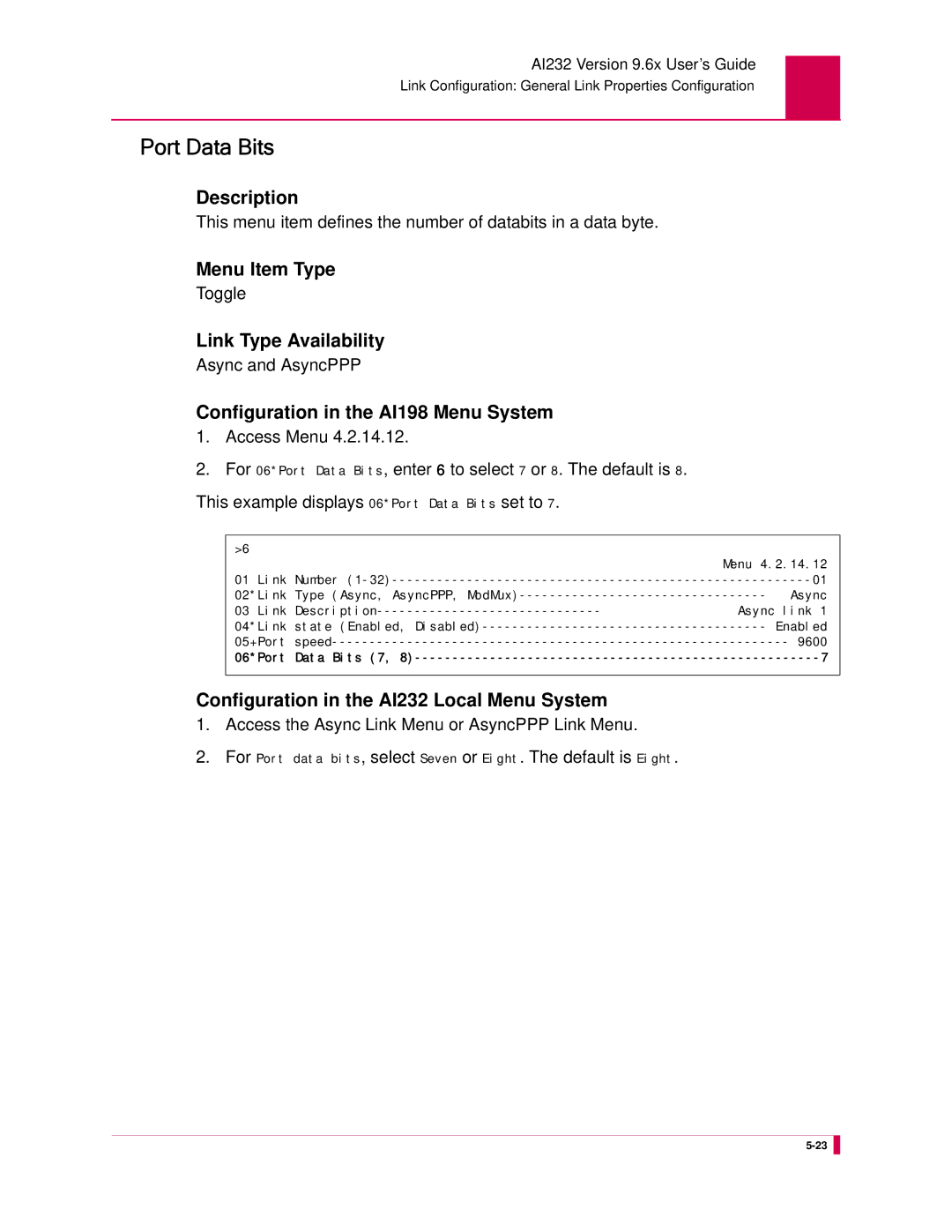 Kentrox AI232 manual Port Data Bits, Async and AsyncPPP 