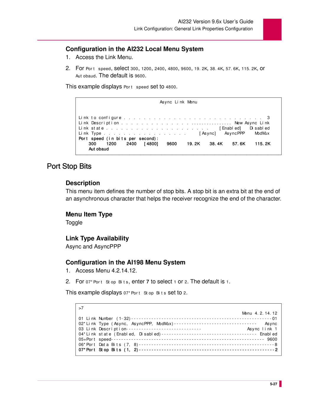 Kentrox manual Port Stop Bits, Configuration in the AI232 Local Menu System 