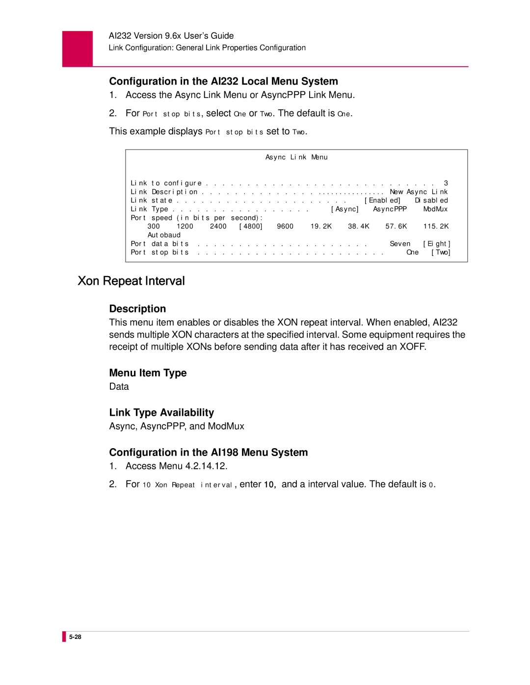 Kentrox AI232 manual Xon Repeat Interval, Data 