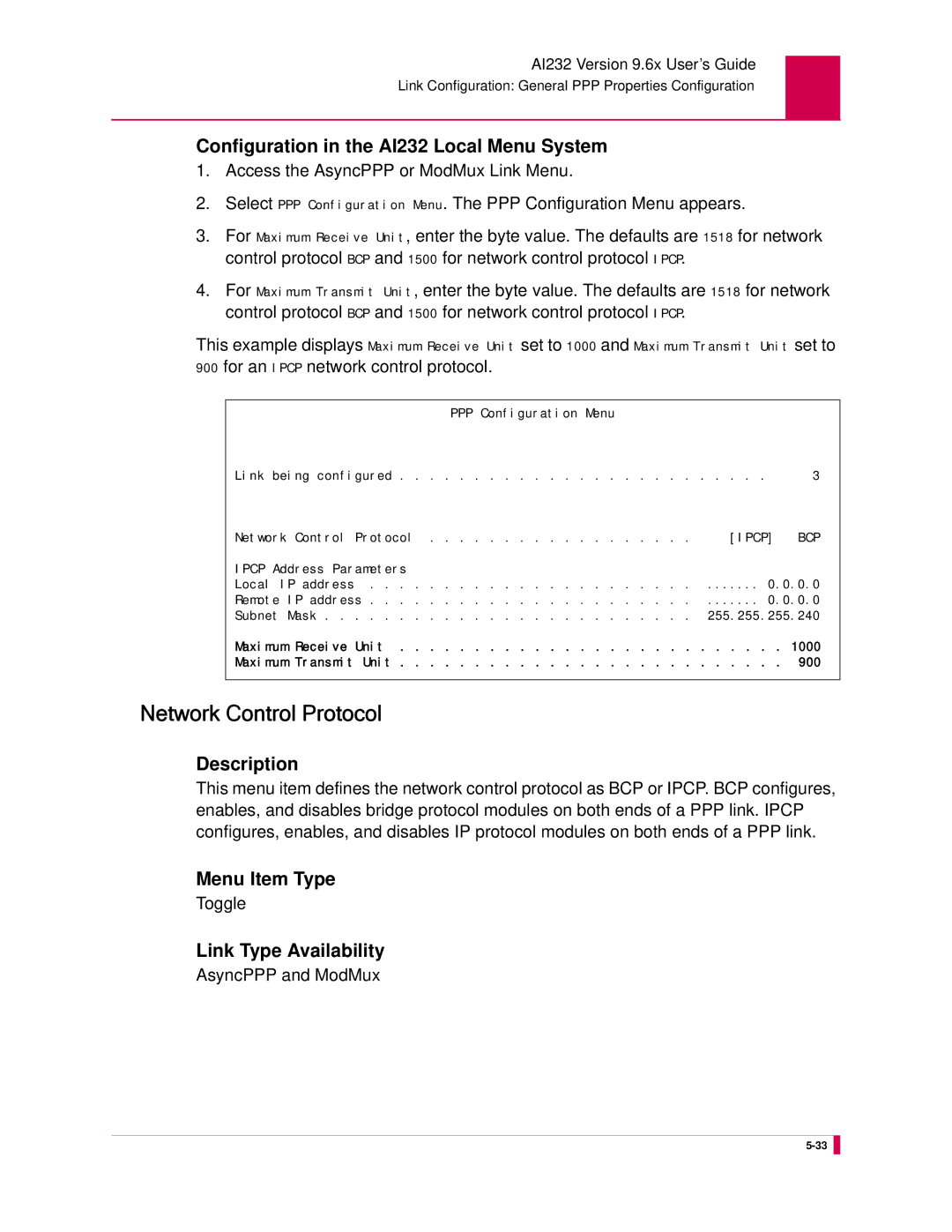 Kentrox AI232 manual Network Control Protocol, For an Ipcp network control protocol 