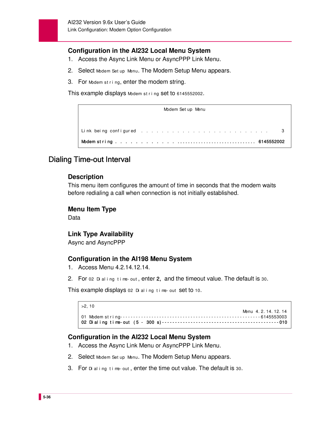 Kentrox AI232 manual Dialing Time-out Interval 