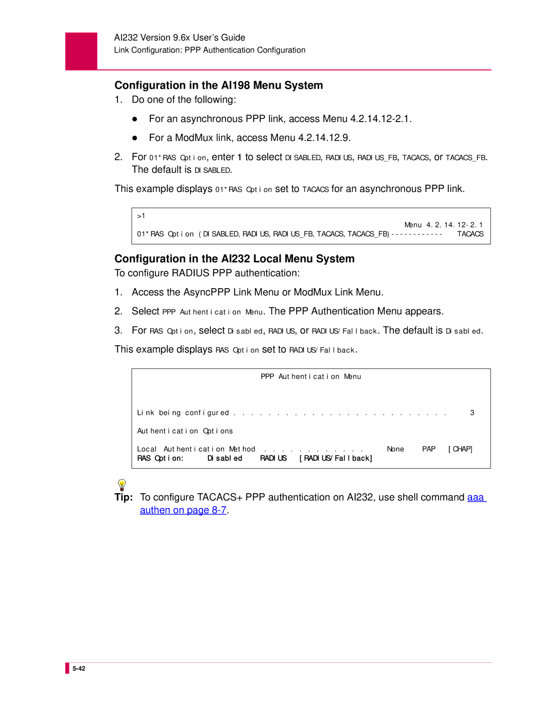 Kentrox AI232 manual Configuration in the AI198 Menu System, This example displays RAS Option set to RADIUS/Fallback 