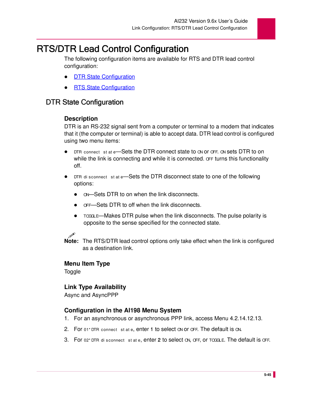 Kentrox AI232 manual RTS/DTR Lead Control Configuration, DTR State Configuration 