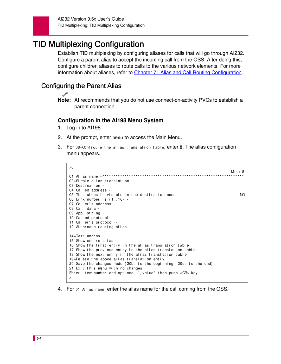 Kentrox AI232 manual TID Multiplexing Configuration, Configuring the Parent Alias, Menu appears 