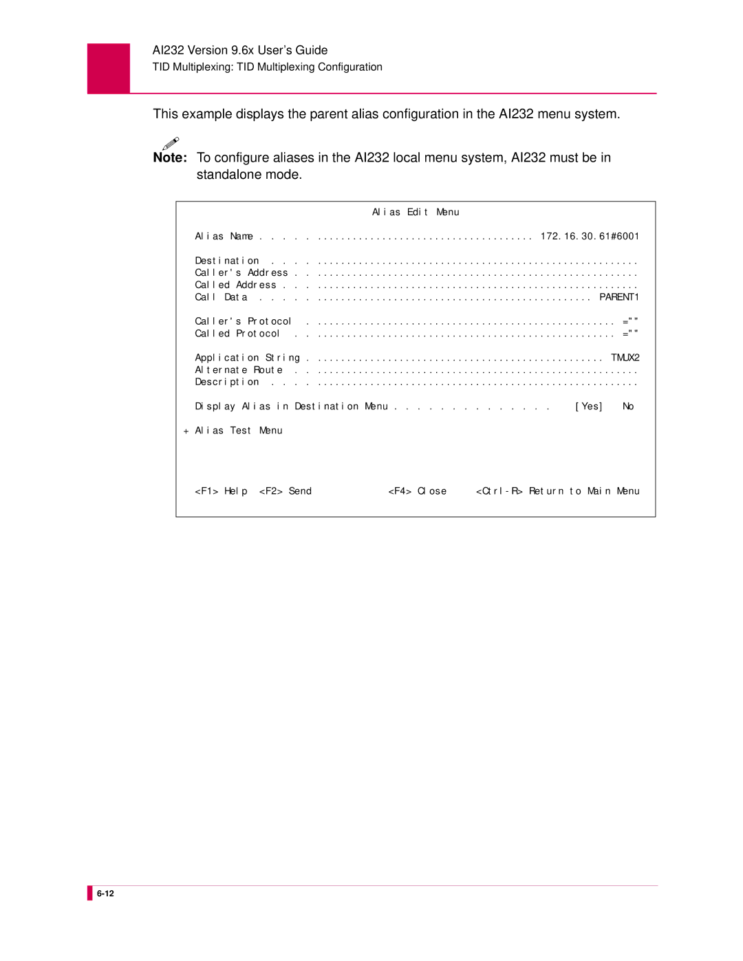 Kentrox AI232 manual Alias Edit Menu Alias Name 172.16.30.61#6001 