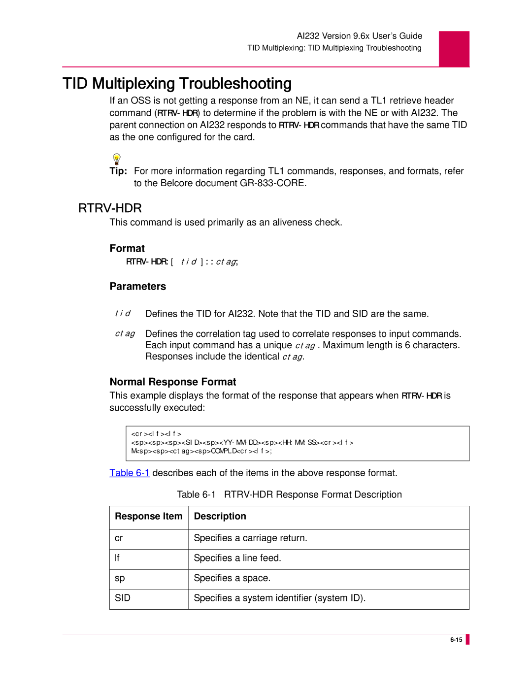 Kentrox AI232 manual TID Multiplexing Troubleshooting, Parameters, Normal Response Format, Response Item Description 