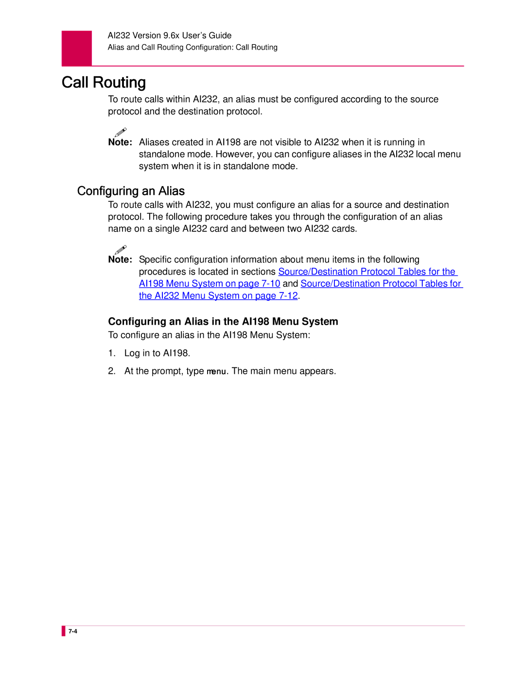 Kentrox AI232 manual Call Routing, Configuring an Alias in the AI198 Menu System 