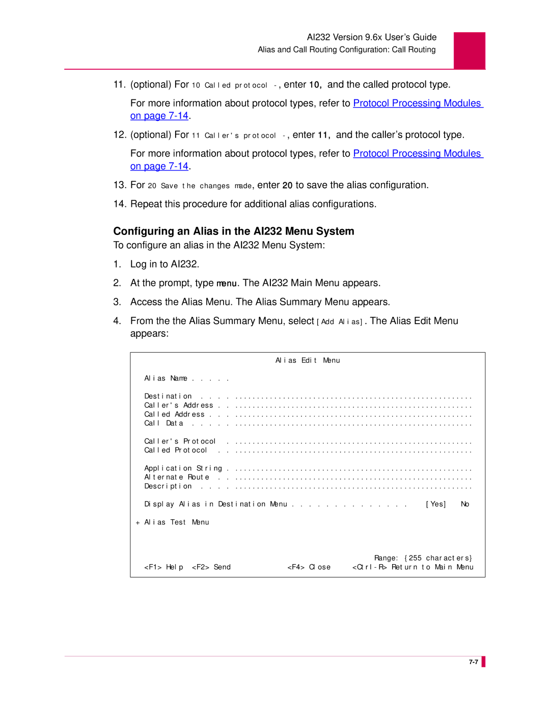 Kentrox manual Configuring an Alias in the AI232 Menu System 