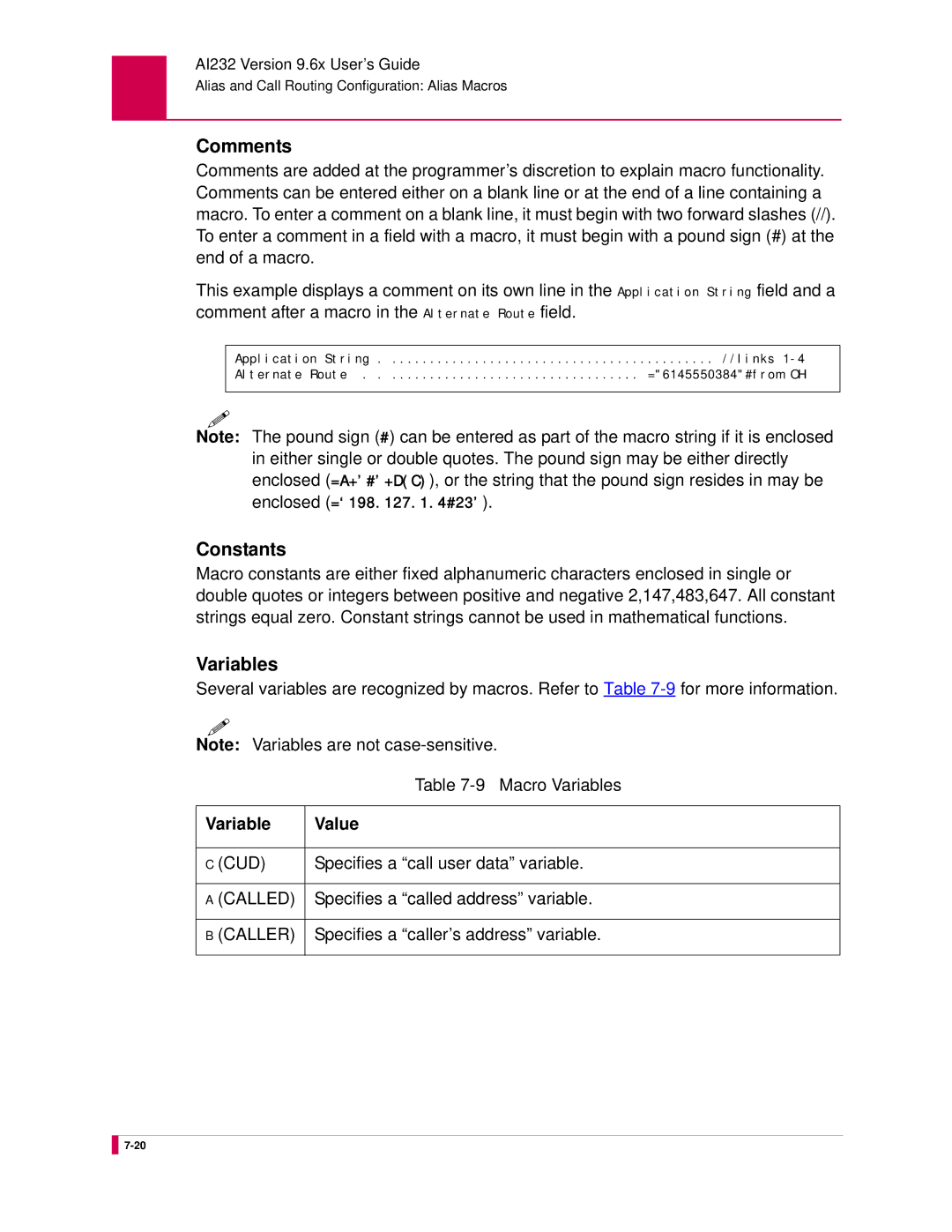 Kentrox AI232 manual Comments, Constants, Variables, Variable Value 