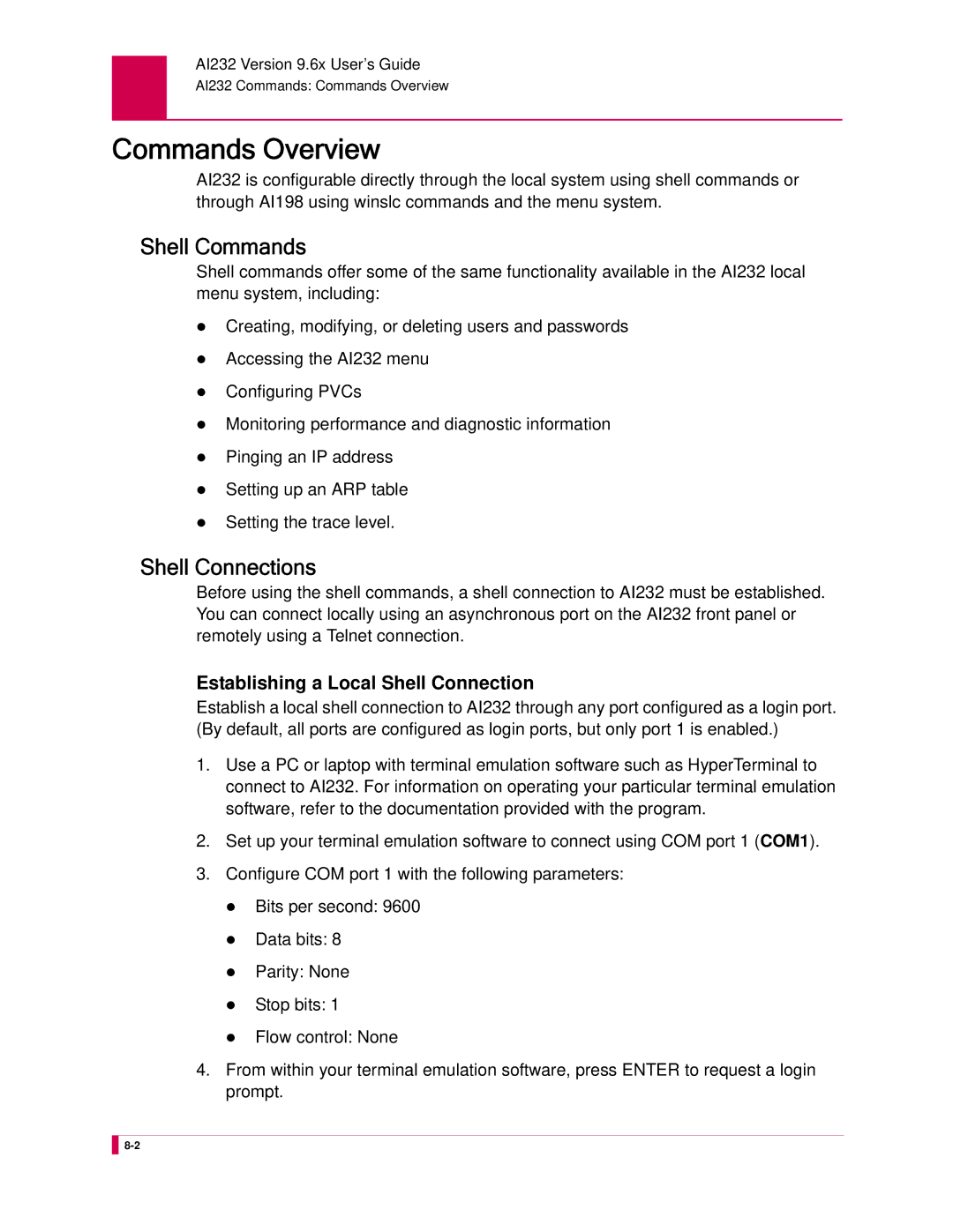 Kentrox AI232 manual Commands Overview, Shell Commands, Shell Connections, Establishing a Local Shell Connection 