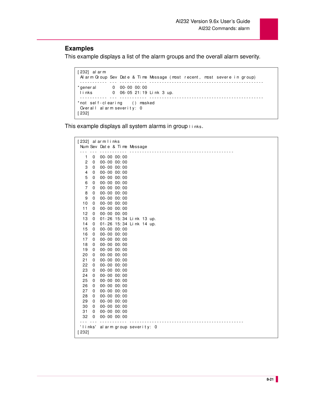 Kentrox AI232 manual This example displays all system alarms in group links 