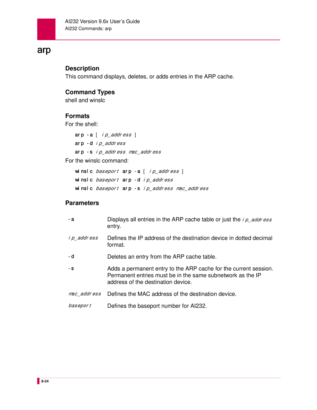 Kentrox AI232 manual Arp, Command Types 