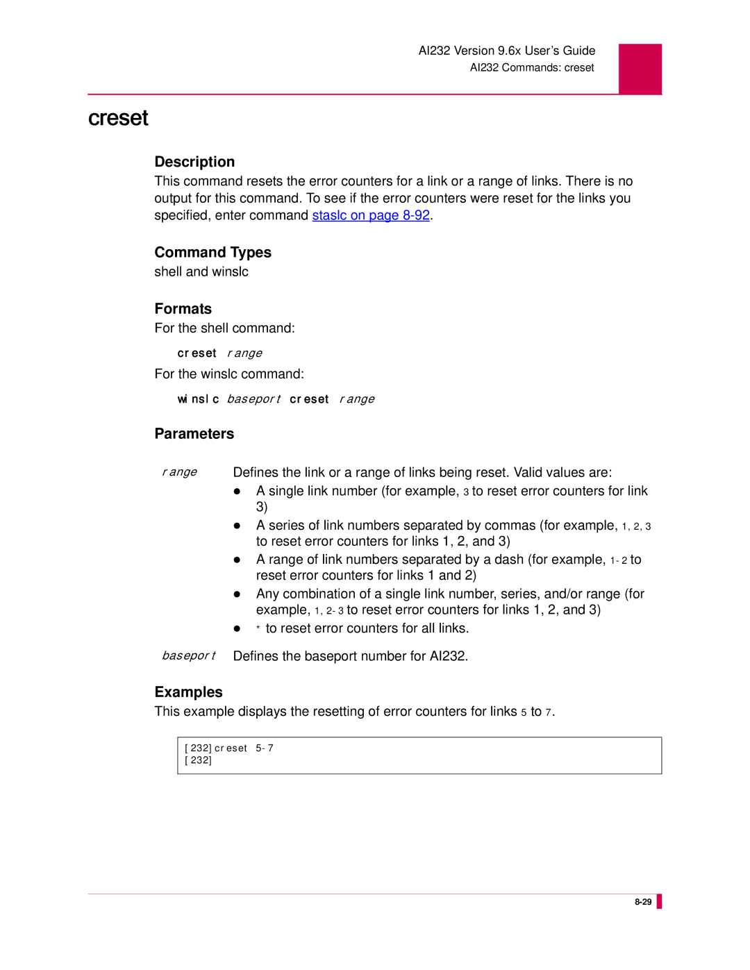 Kentrox AI232 manual Creset, To reset error counters for links 1, 2, Reset error counters for links 1 