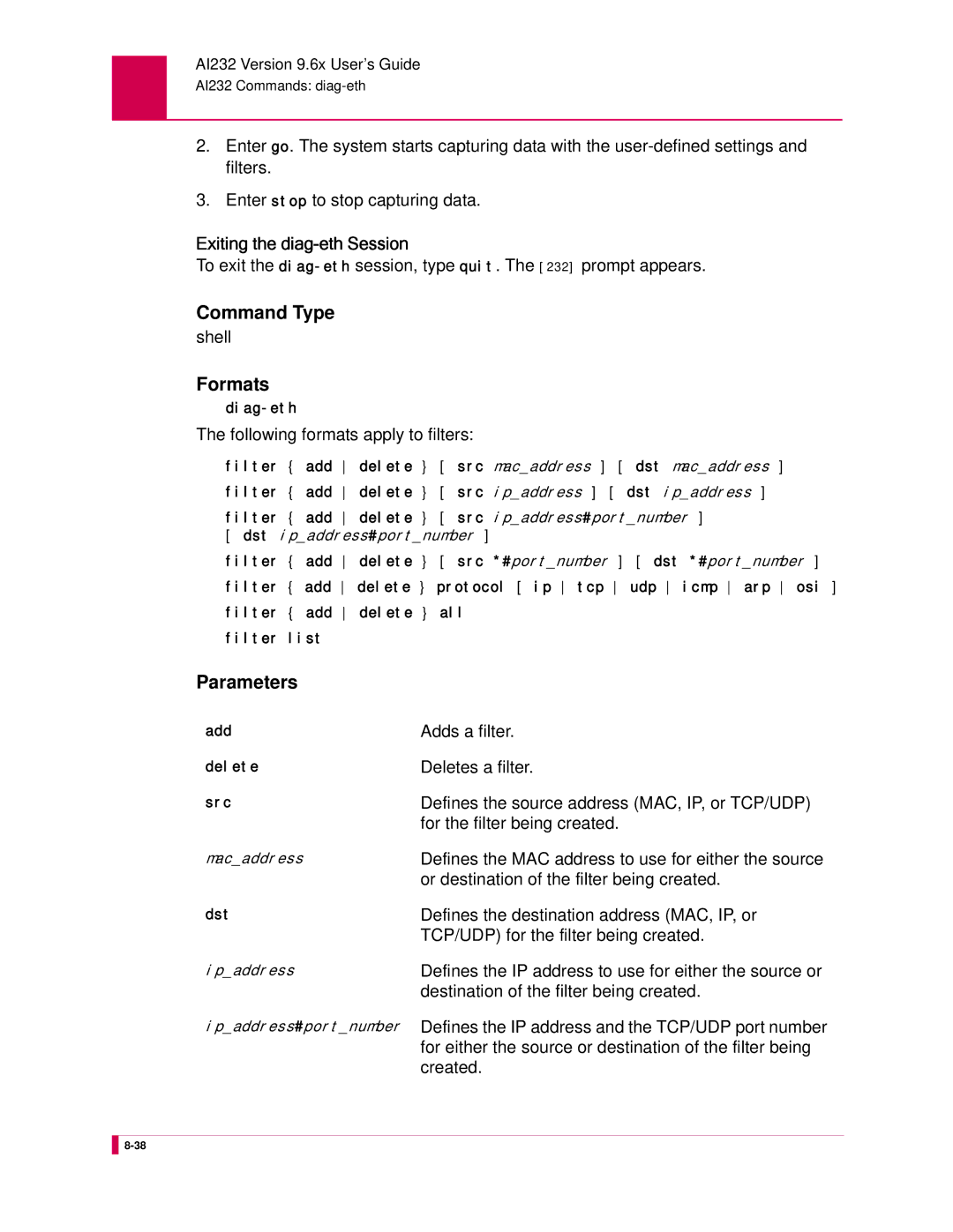 Kentrox AI232 Following formats apply to filters, Adds a filter, Deletes a filter, For the filter being created, Created 