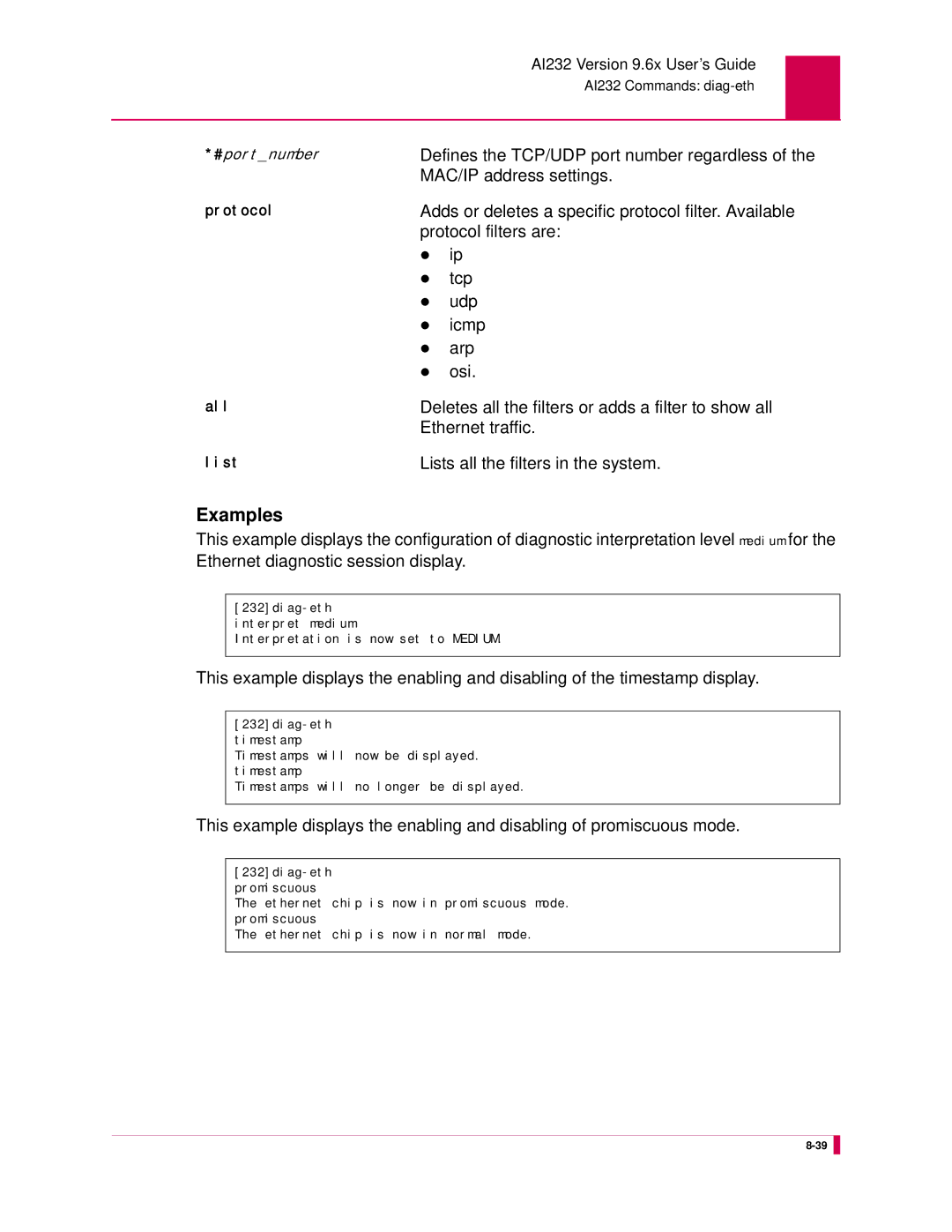 Kentrox AI232 Defines the TCP/UDP port number regardless, MAC/IP address settings, Protocol filters are, Tcp, Udp, Icmp 