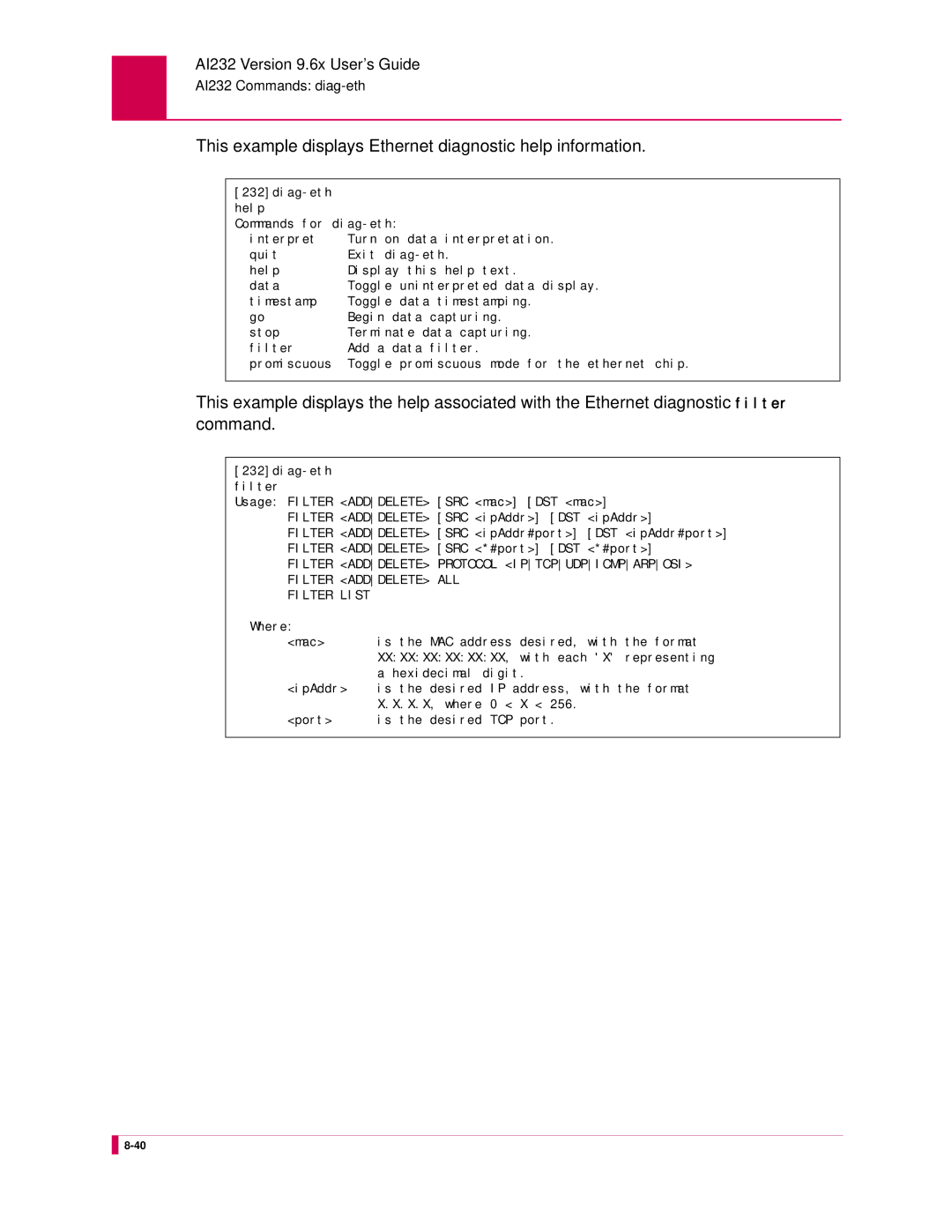 Kentrox AI232 manual This example displays Ethernet diagnostic help information 