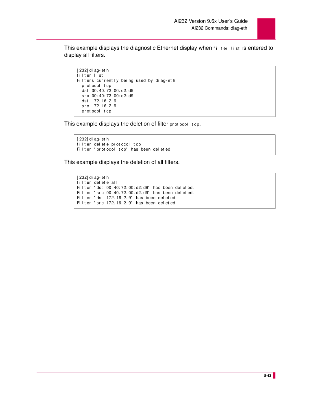 Kentrox AI232 This example displays the deletion of filter protocol tcp, This example displays the deletion of all filters 