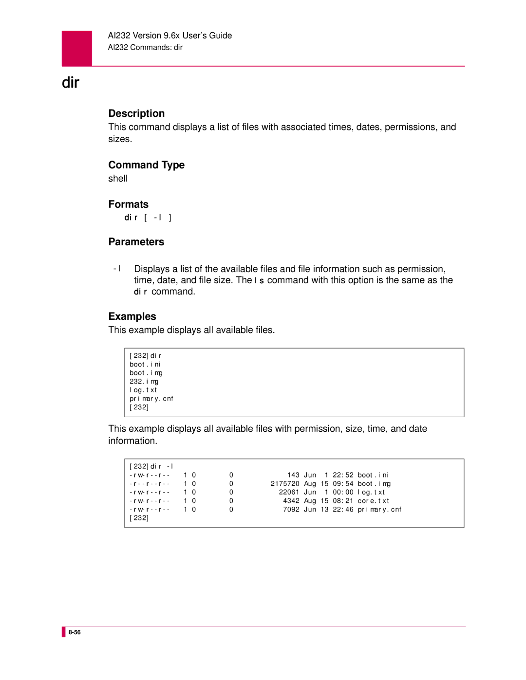 Kentrox AI232 manual Dir, This example displays all available files 