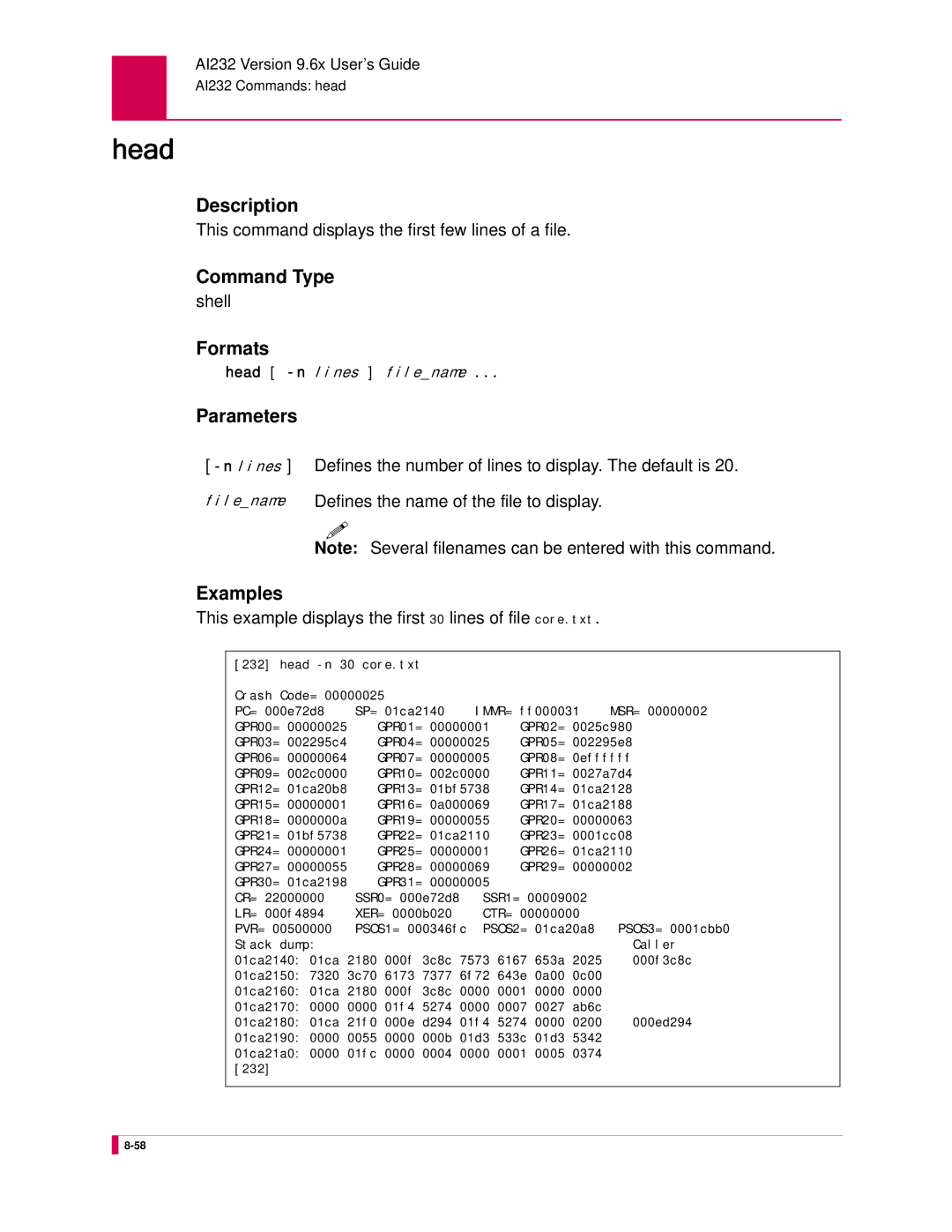 Kentrox AI232 manual Head, This command displays the first few lines of a file, Defines the name of the file to display 