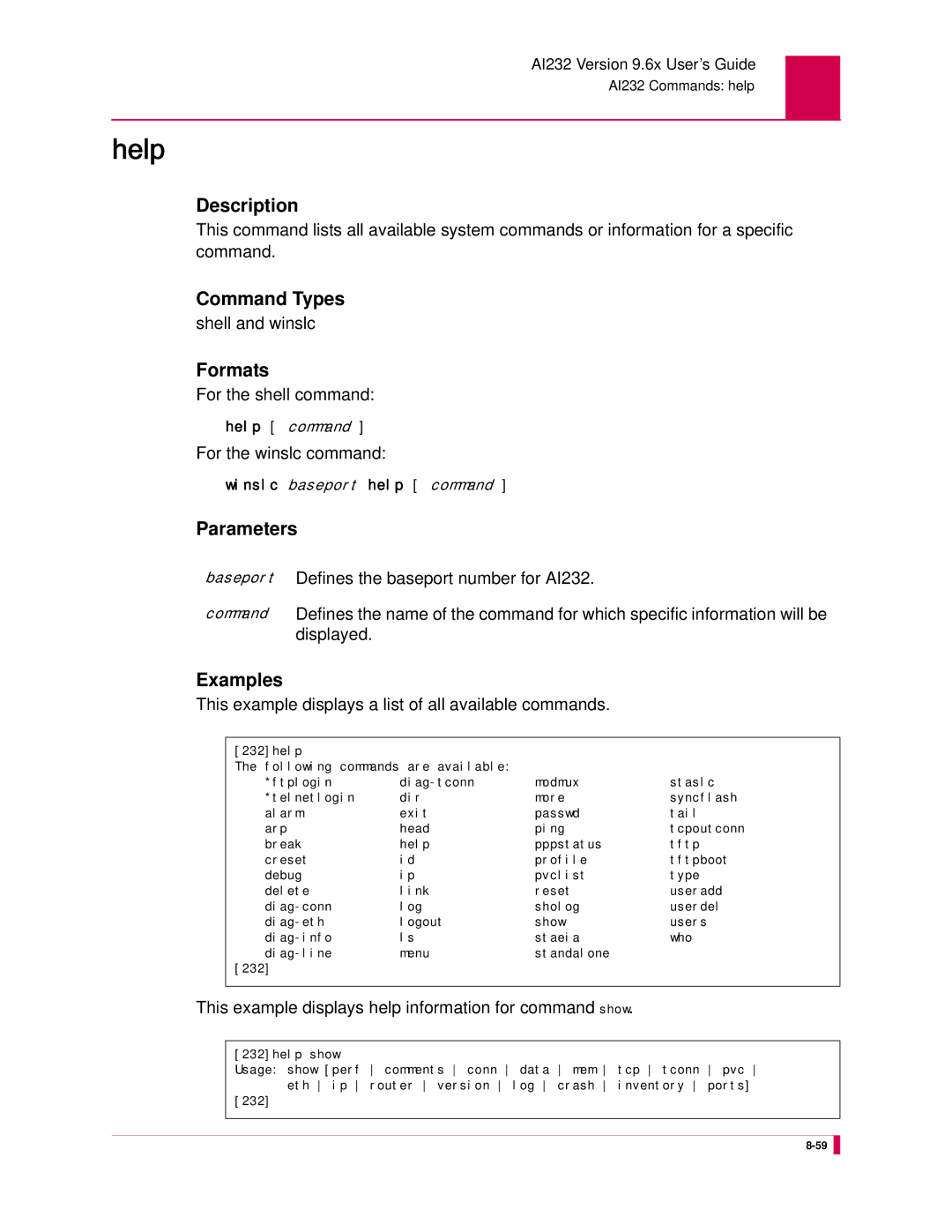 Kentrox AI232 manual Help, This example displays a list of all available commands 