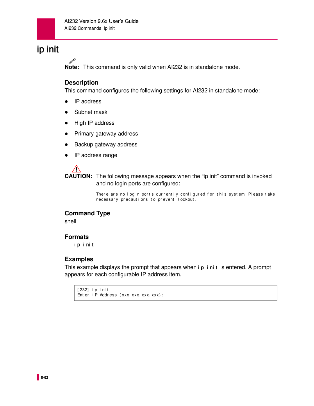 Kentrox AI232 manual Ip init, Formats 