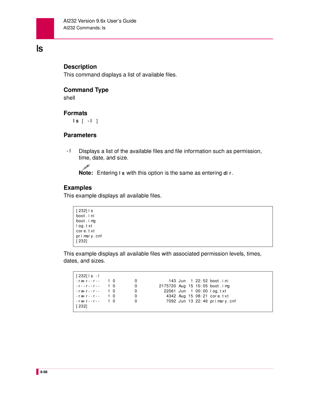 Kentrox AI232 manual This command displays a list of available files, This example displays all available files 