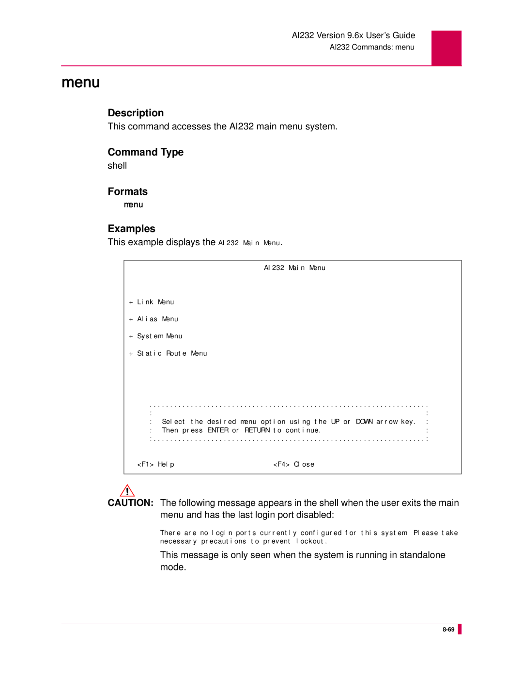 Kentrox manual This command accesses the AI232 main menu system, This example displays the AI232 Main Menu 