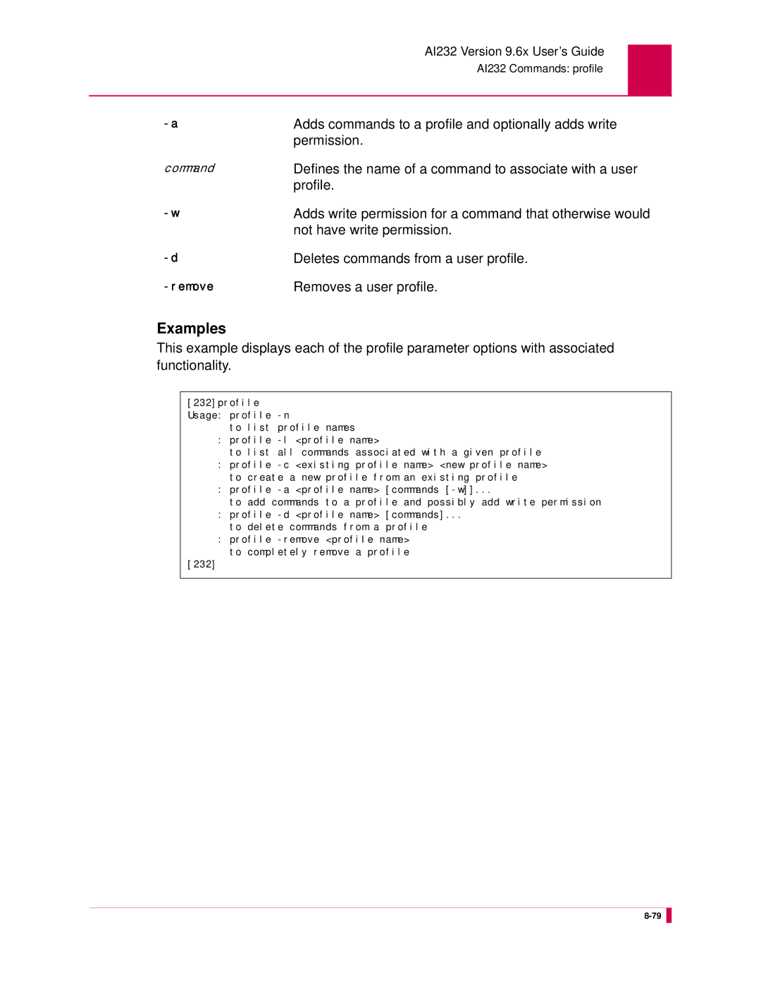 Kentrox AI232 manual Adds commands to a profile and optionally adds write, Permission, Not have write permission 