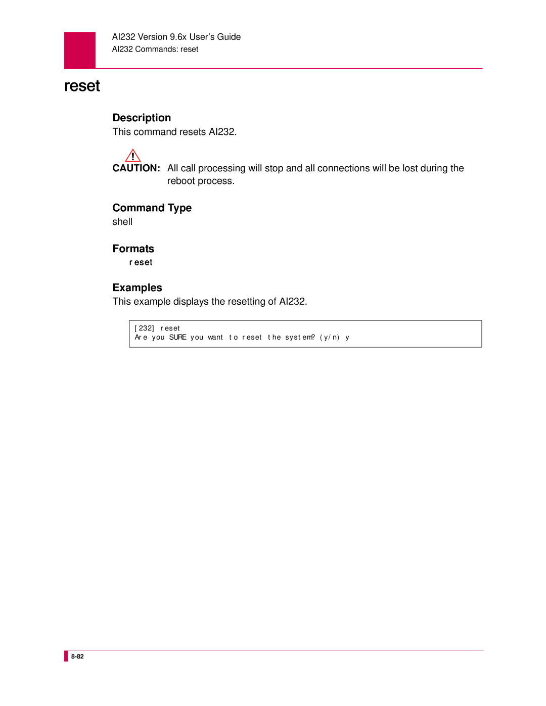 Kentrox manual Reset, This command resets AI232, This example displays the resetting of AI232 