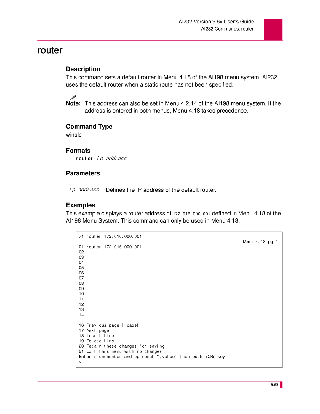 Kentrox AI232 manual Router, Ipaddress Defines the IP address of the default router 