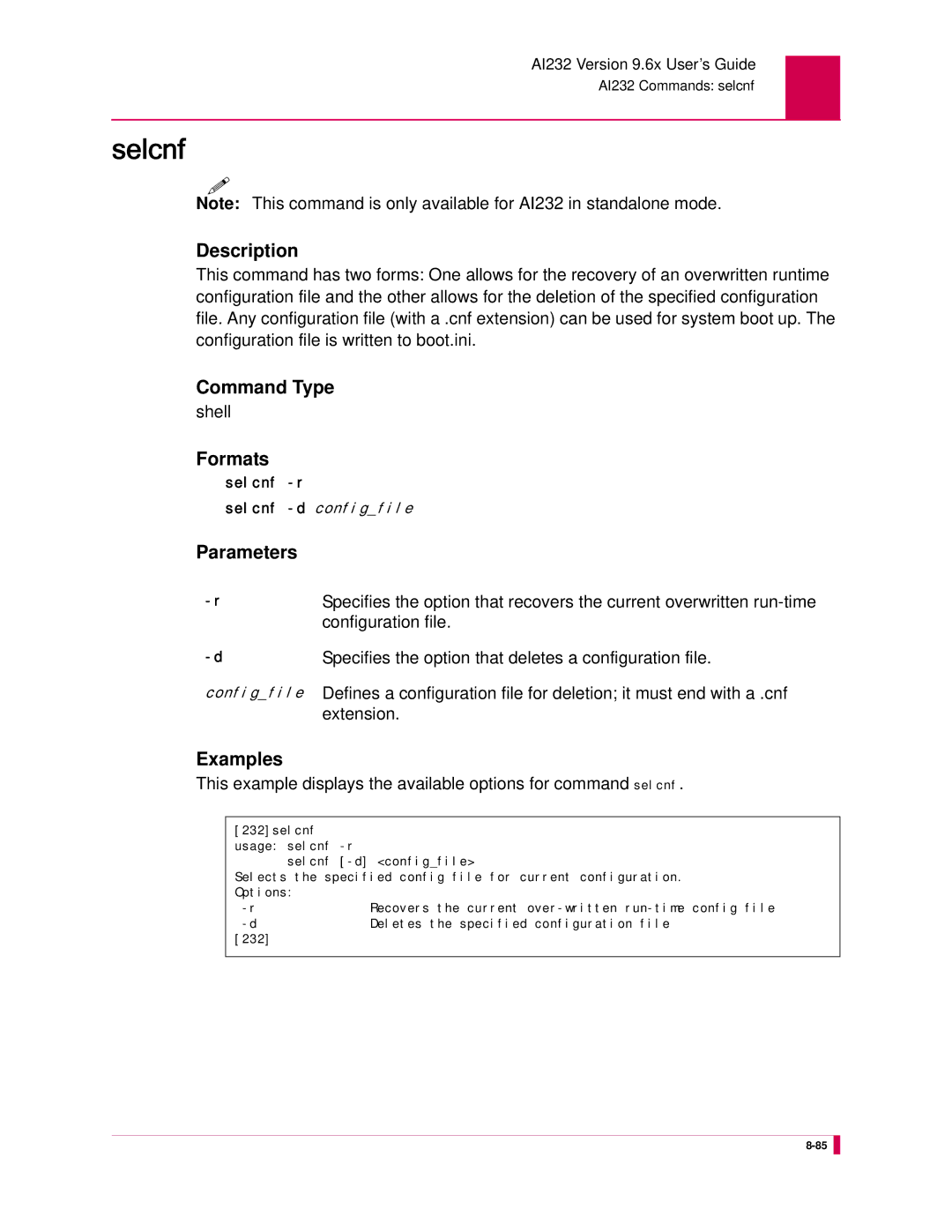 Kentrox AI232 manual Selcnf, Configuration file, Specifies the option that deletes a configuration file, Extension 