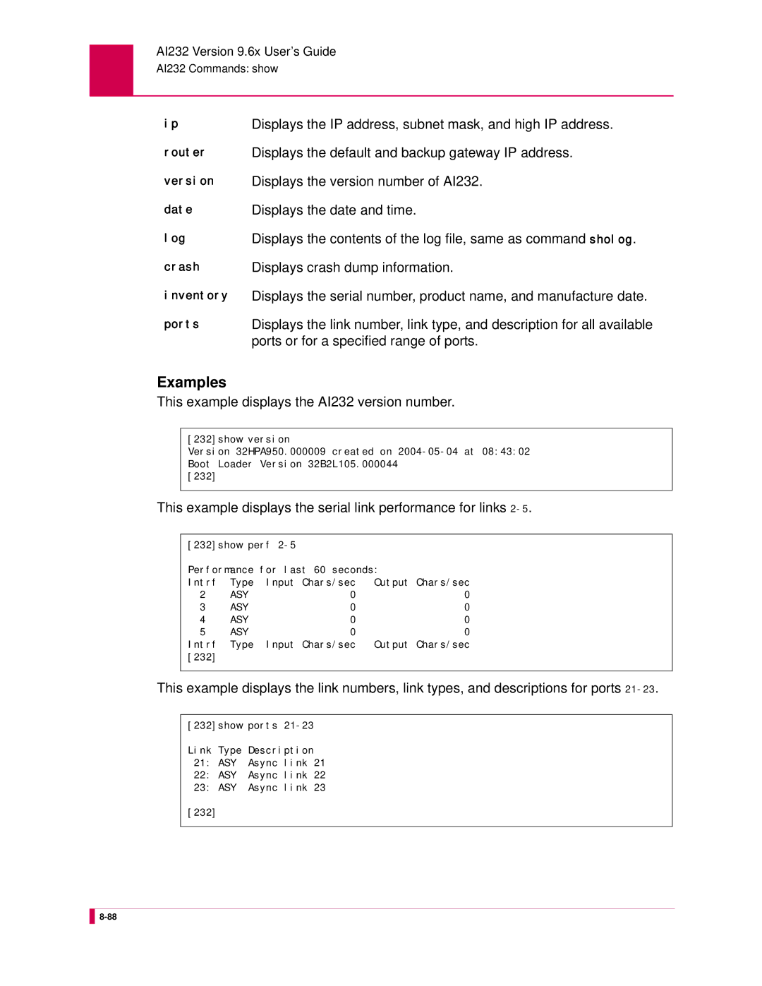 Kentrox manual Displays the IP address, subnet mask, and high IP address, Displays the version number of AI232 