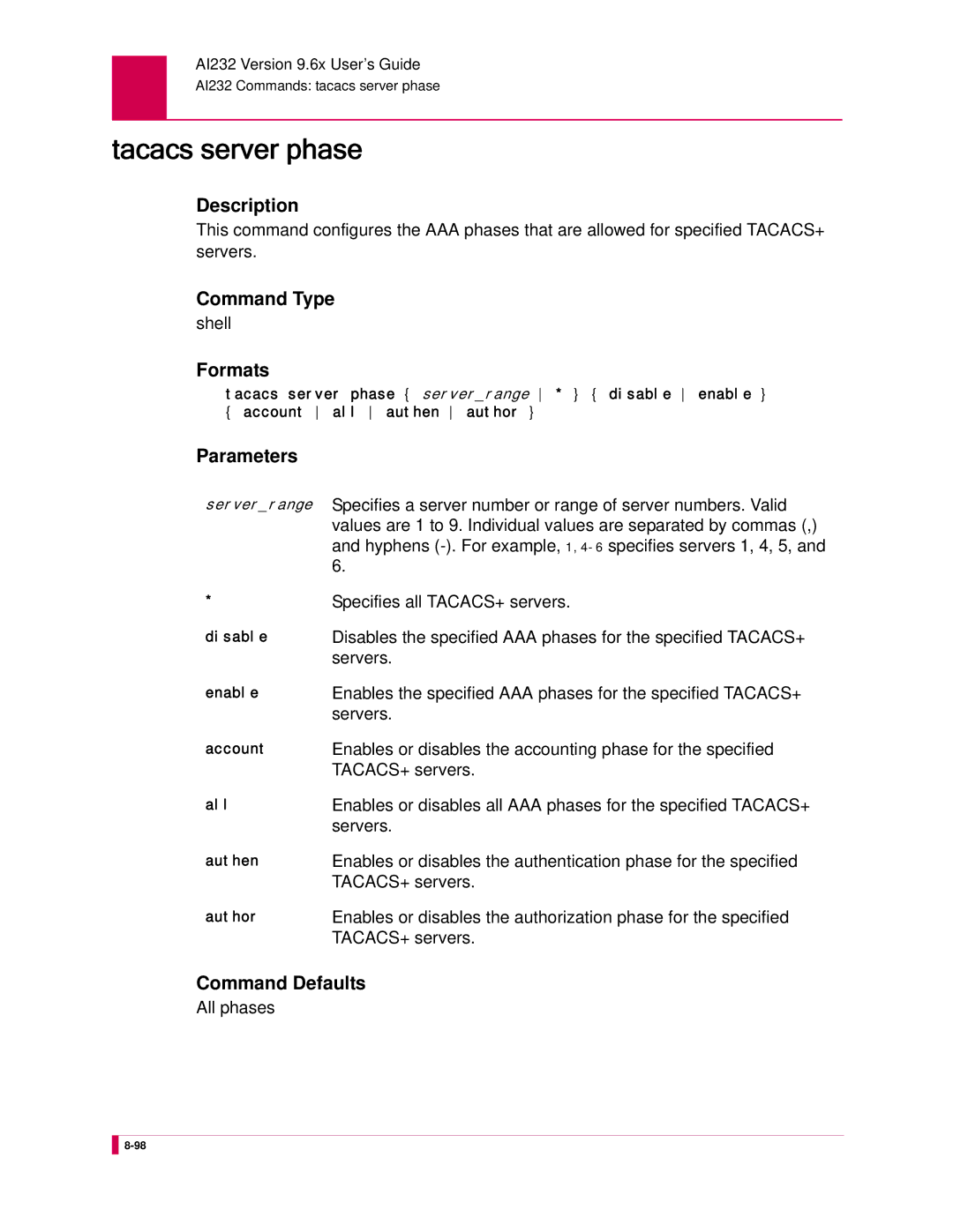 Kentrox AI232 manual Tacacs server phase 