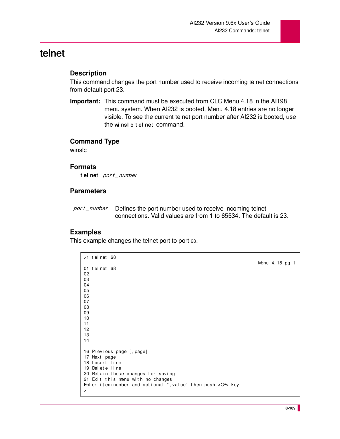 Kentrox AI232 manual Telnet, This example changes the telnet port to port 