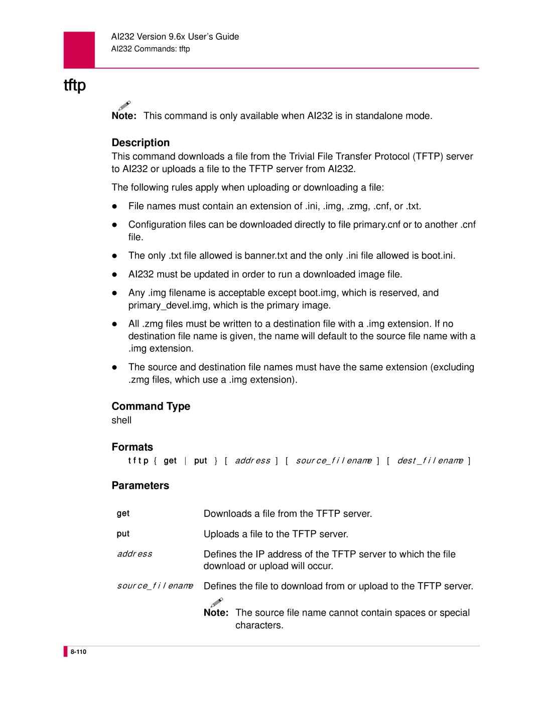 Kentrox AI232 Downloads a file from the Tftp server, Uploads a file to the Tftp server, Download or upload will occur 