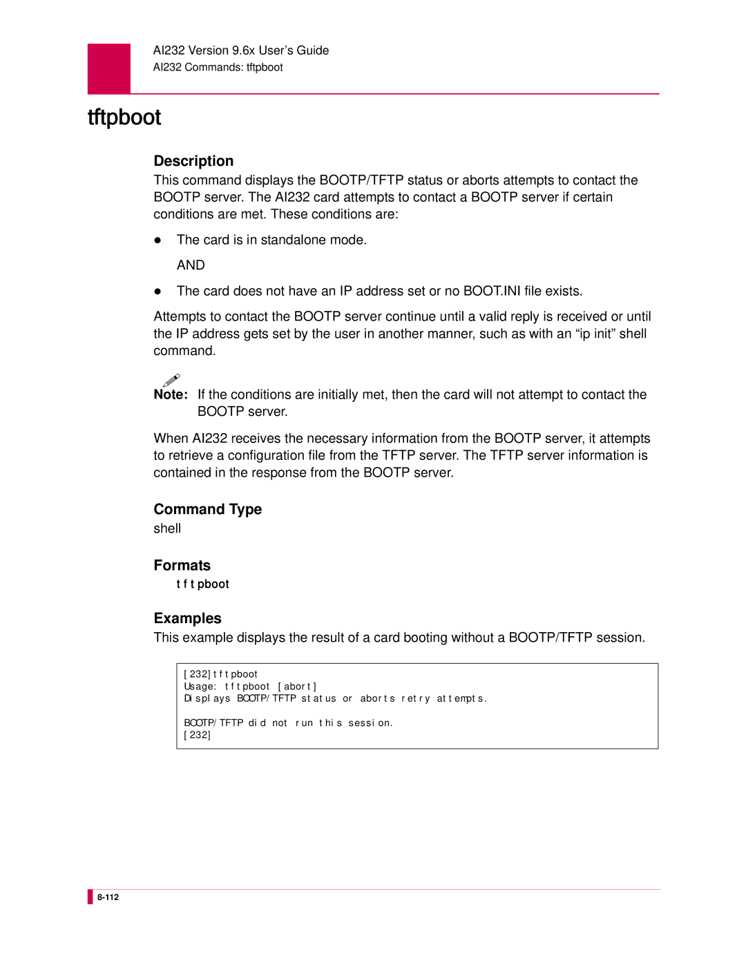 Kentrox AI232 manual Tftpboot, Command Type 