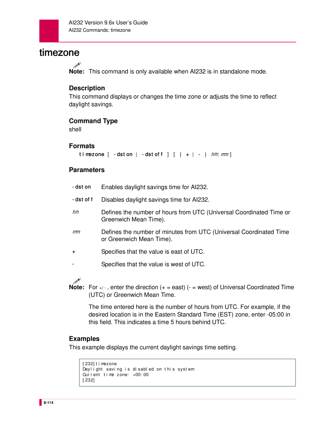 Kentrox AI232 manual Timezone, Command Type shell Formats 