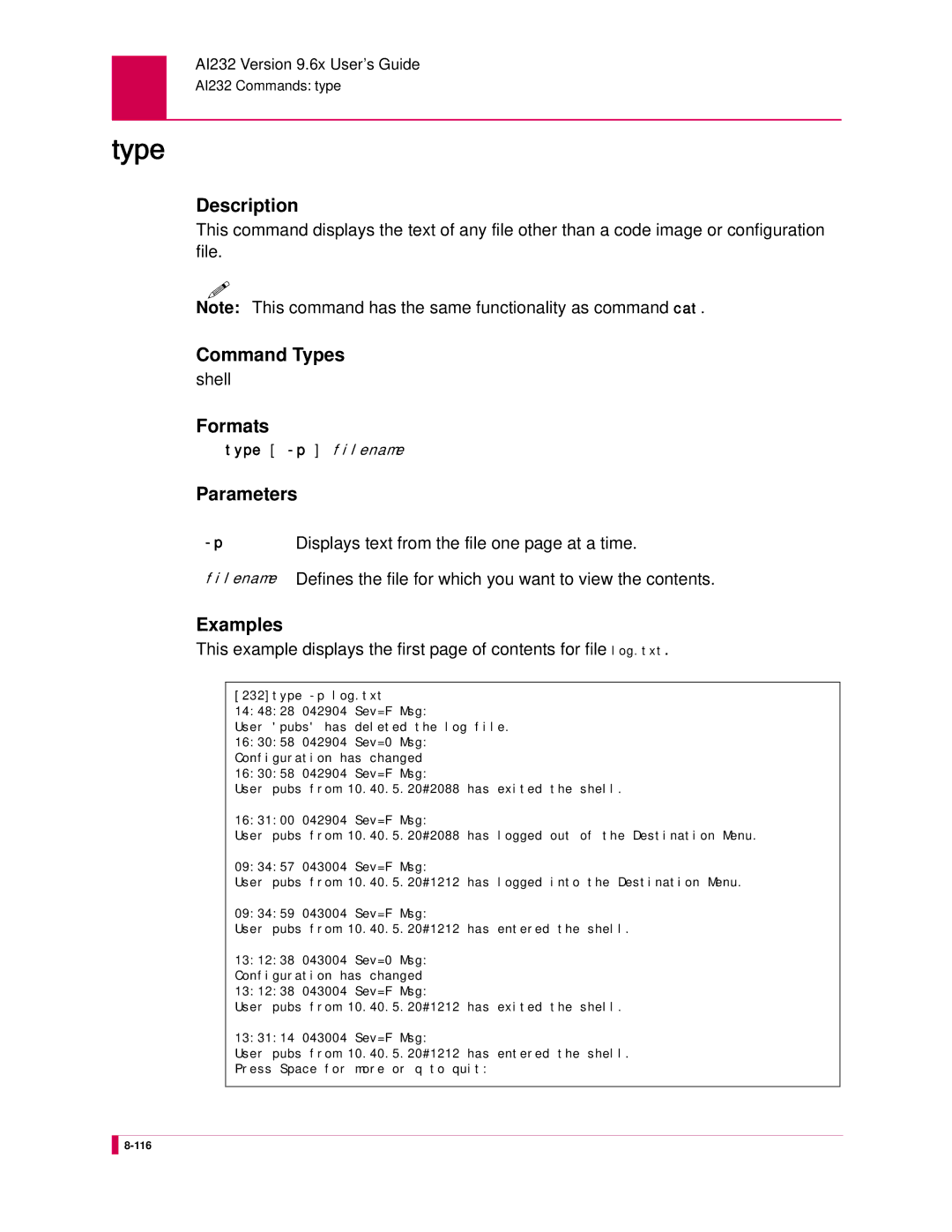 Kentrox AI232 manual Type, Displays text from the file one page at a time 