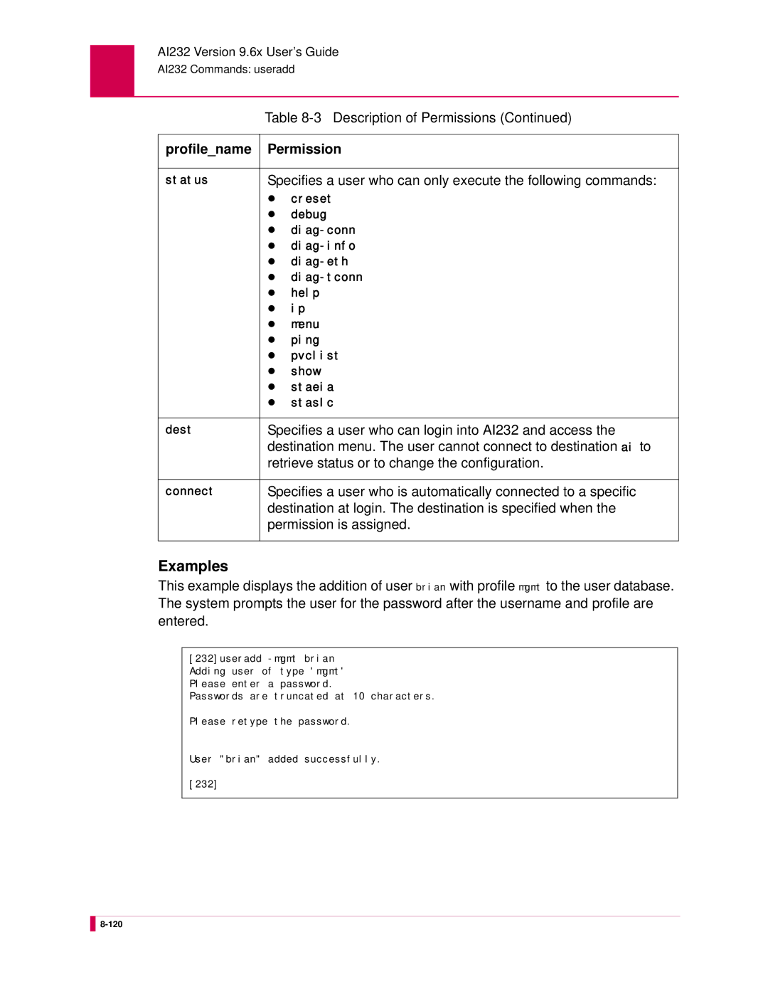 Kentrox manual Specifies a user who can login into AI232 and access, Retrieve status or to change the configuration 