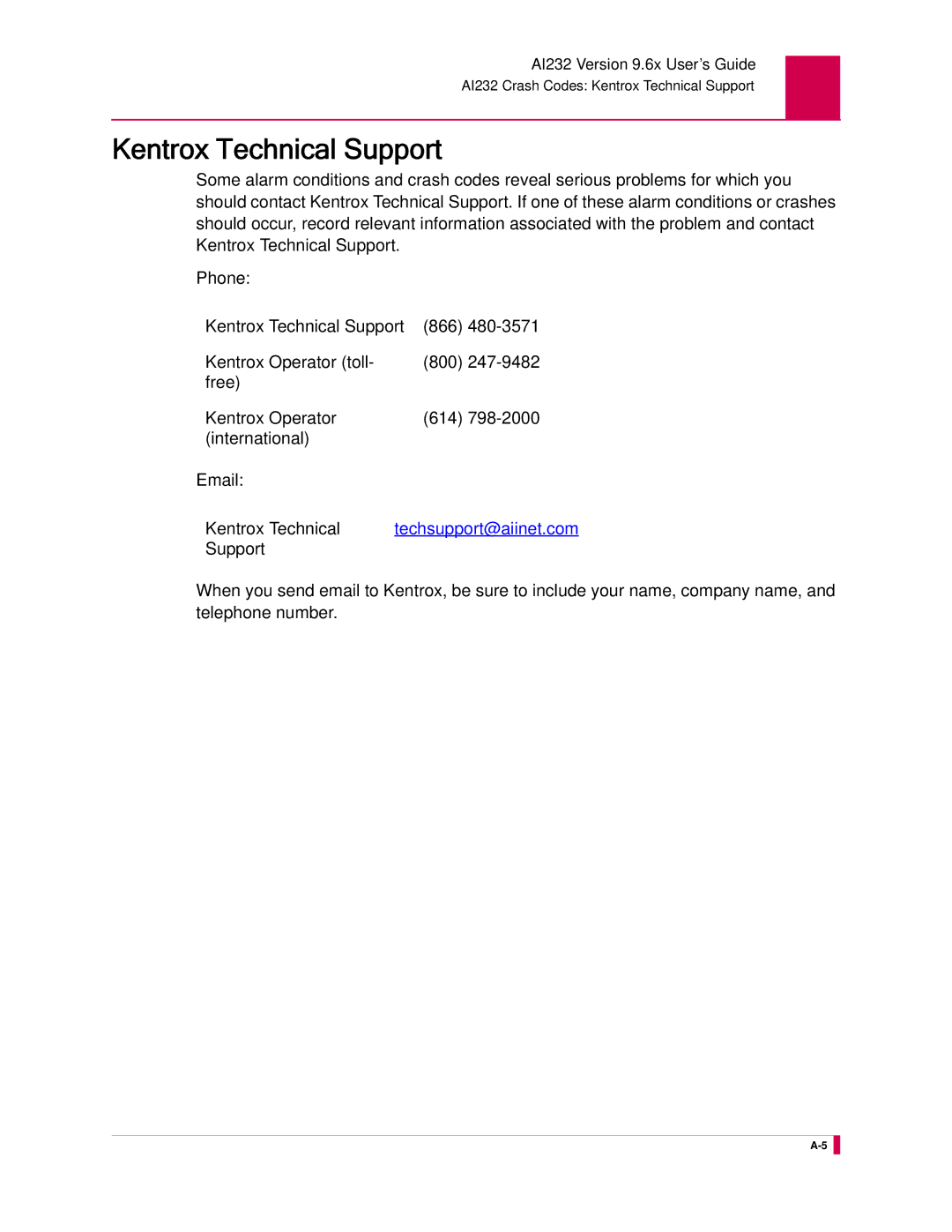 Kentrox AI232 manual Kentrox Technical Support 