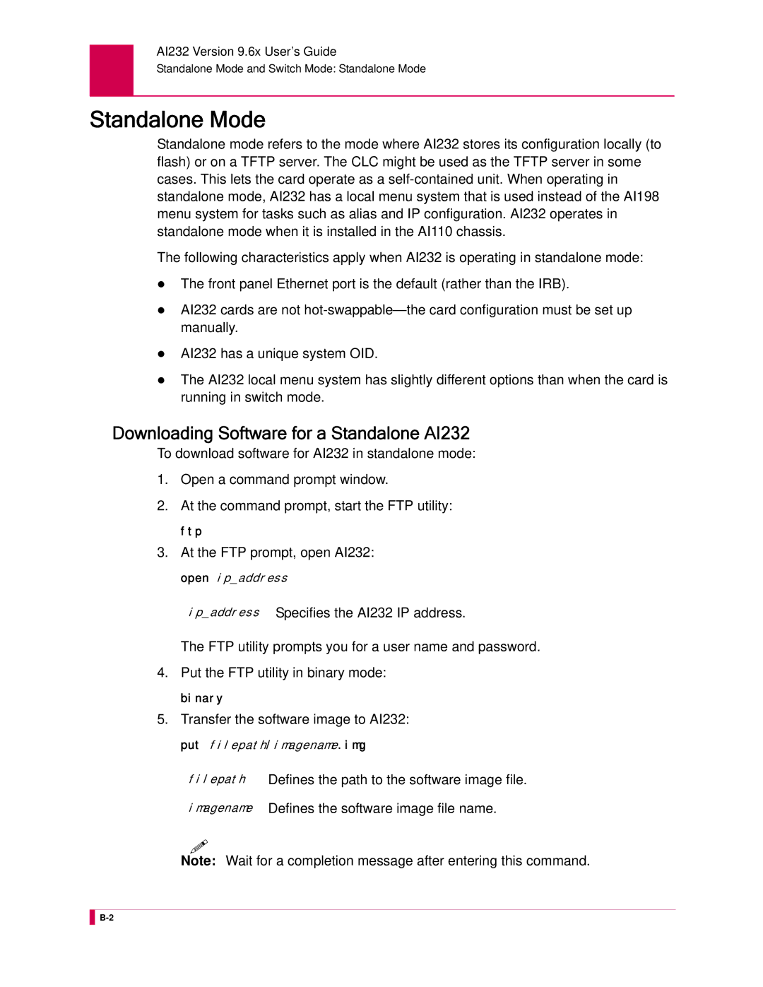 Kentrox manual Standalone Mode, Downloading Software for a Standalone AI232, At the FTP prompt, open AI232 