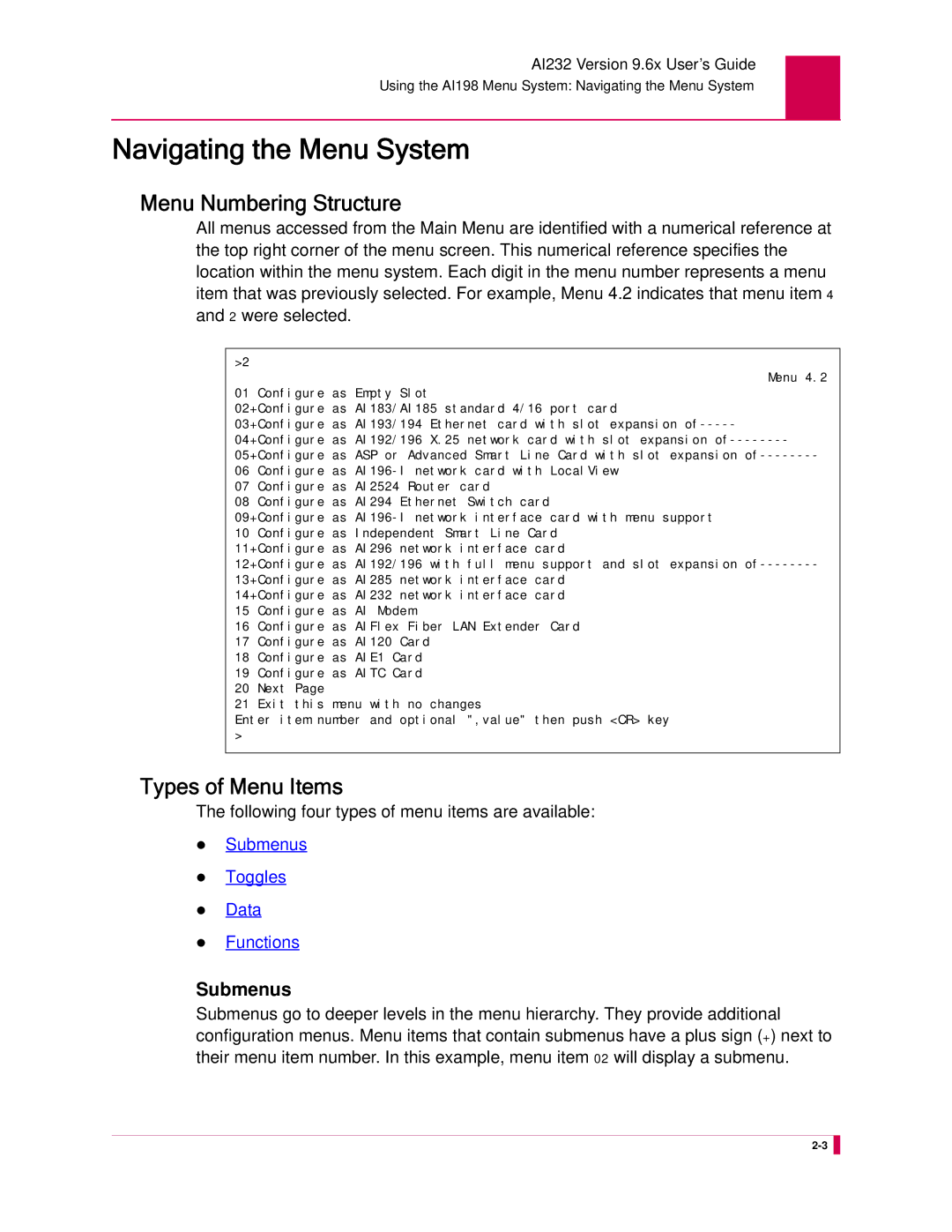 Kentrox AI232 manual Navigating the Menu System, Menu Numbering Structure, Types of Menu Items, Submenus 