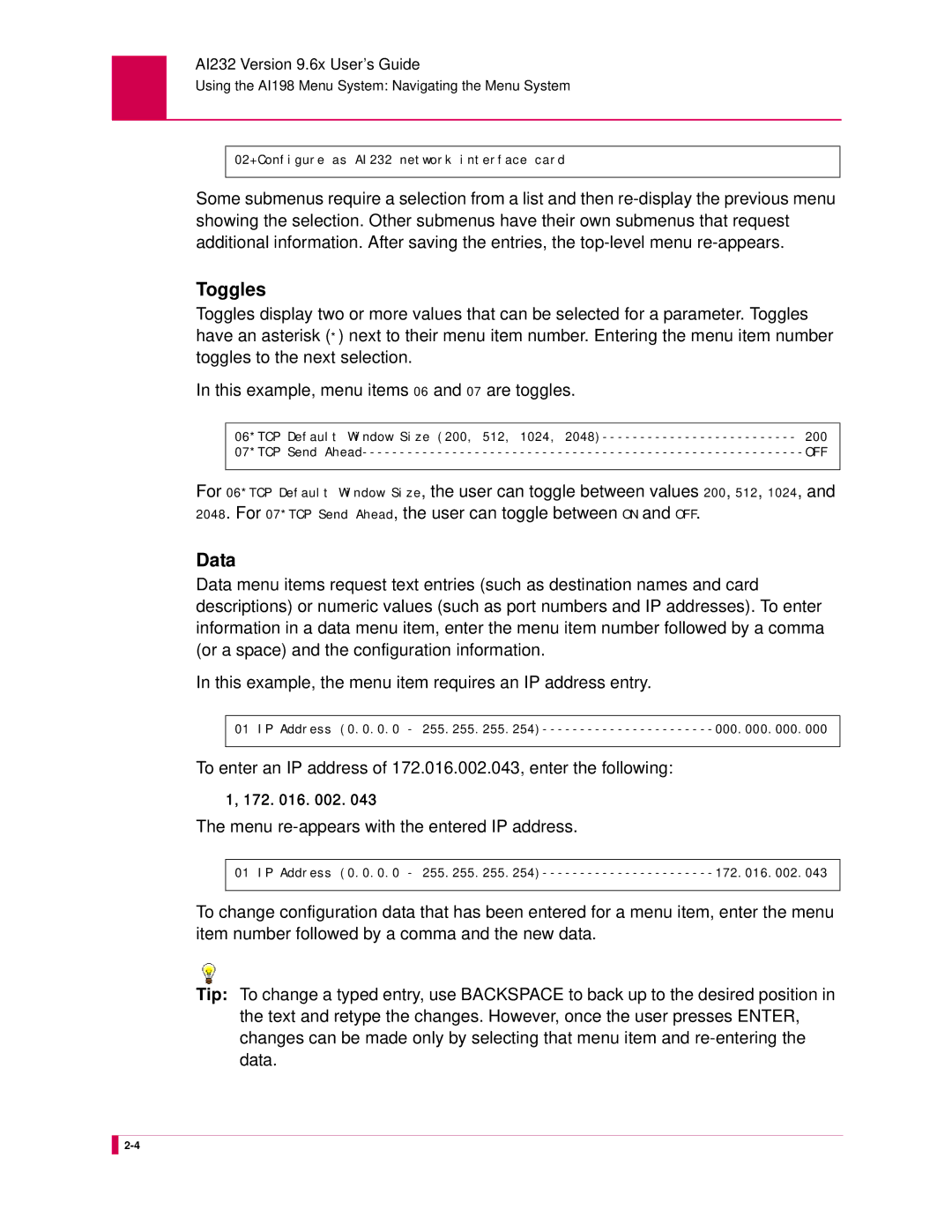 Kentrox AI232 manual Toggles, Data, Menu re-appears with the entered IP address 